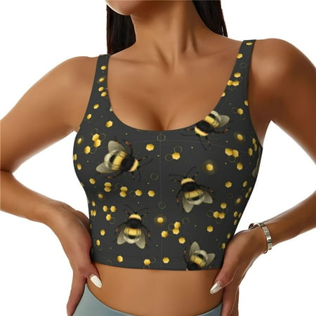 Jgfou Bumblebee Print Womens Sports Bra - Padded Workout Sports Bras Crop Tank Top