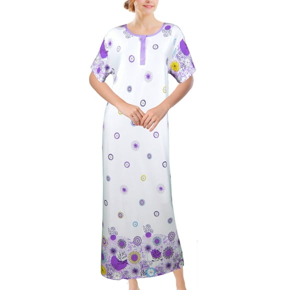 Chemin de Moda Women's Short Sleeve Button Sunflower Print Floor-Length Long Nightgown