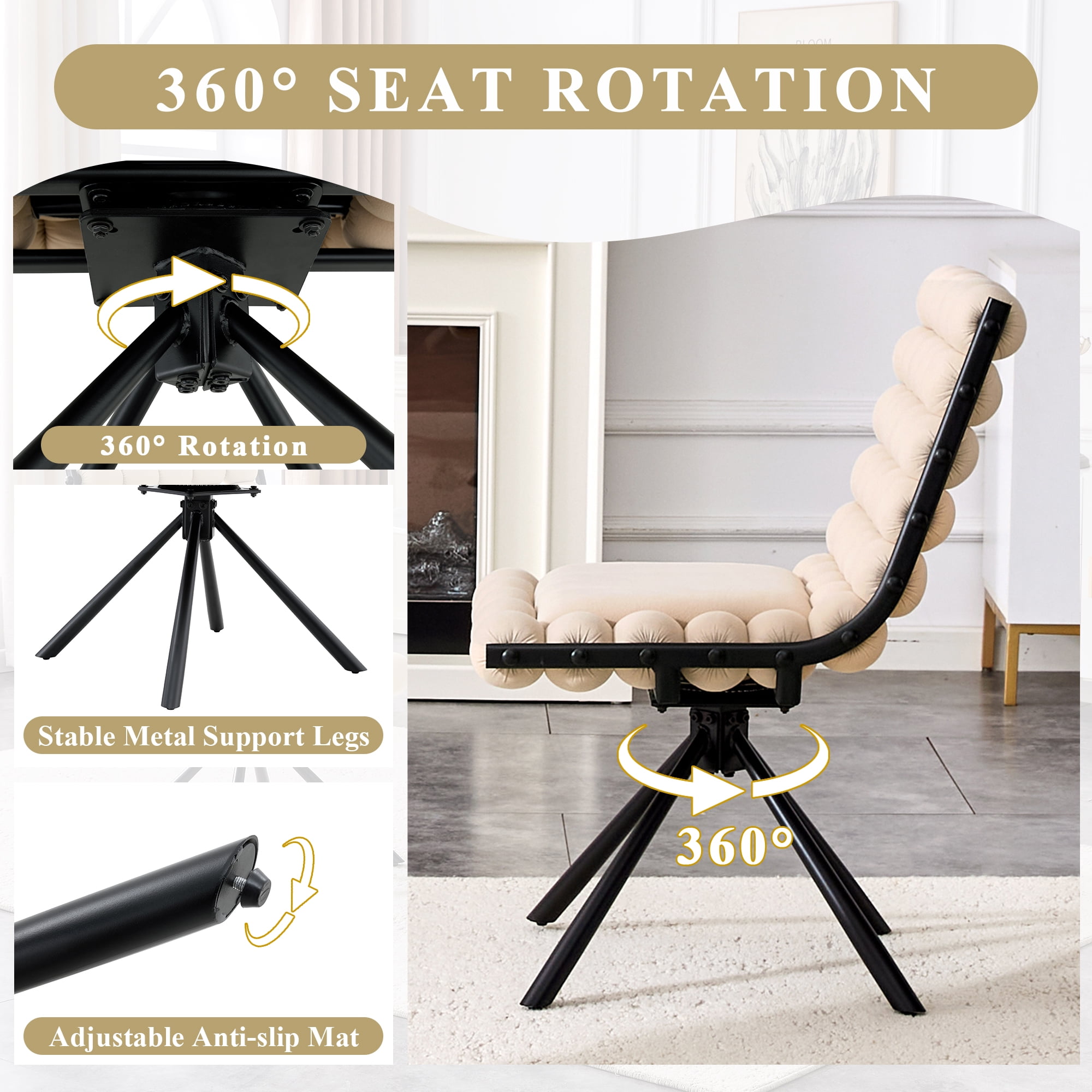 Aukfa Velvet Swivel Dining Chairs Set of 2, Modern Bubble Tufted Kitchen Side Chairs, Black Metal Legs,Beige