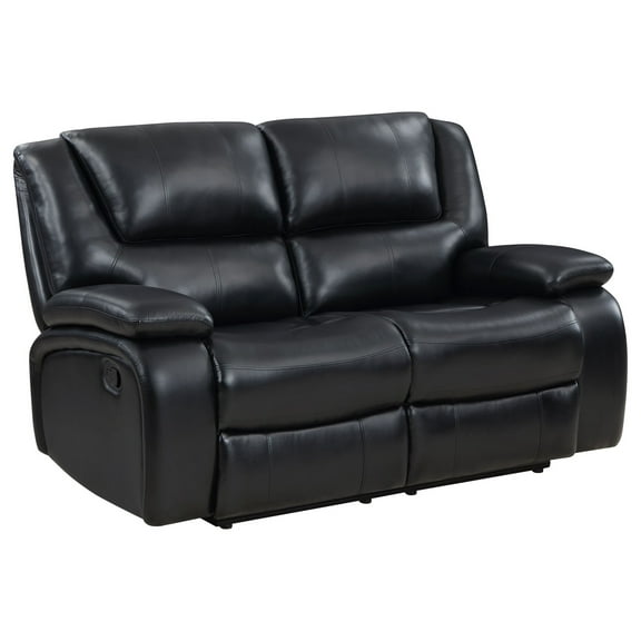 Mila Manual Recliner Loveseat, Black Faux Leather, Pillow Top Arms, 62 Inch