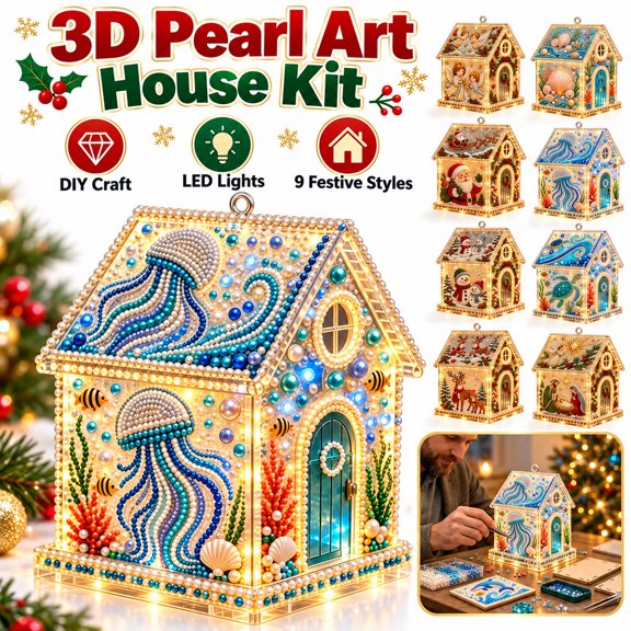 3D Christmas House Pearl Art Kit, Lighted DIY Diamond Art Craft with Rhinestones and Pearl Beads, Plastic Tabletop Holiday Decor, by Zovey