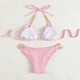 thumbnail image 3 of Traje de baño de dos piezas con anillo de bikini de talle alto y corte entallado para mujer, color rosa M, 3 of 5