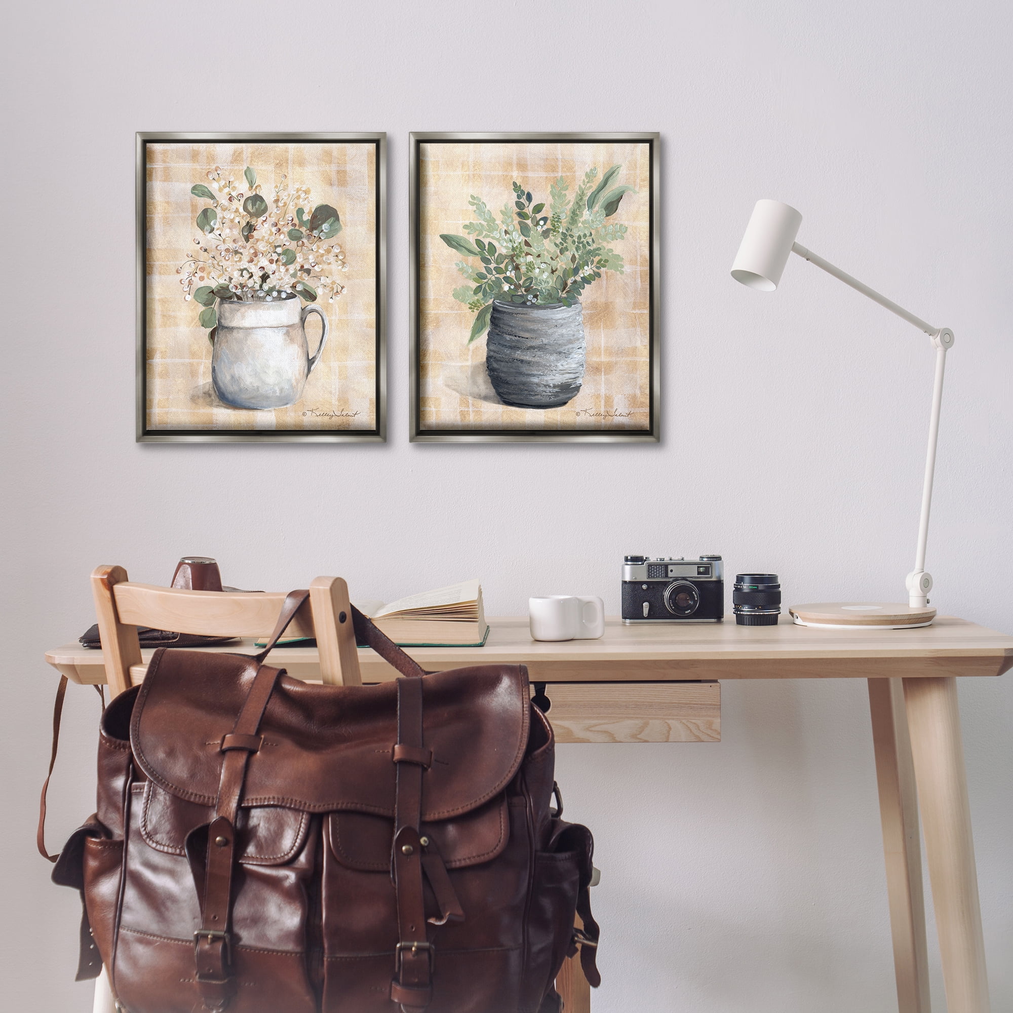 Stupell Industries Traditional Flowers Pitcher Pot Plants & Flowers Painting Gray Floater Framed Canvas Art Print Wall Art, 17 x 21, Set of 2