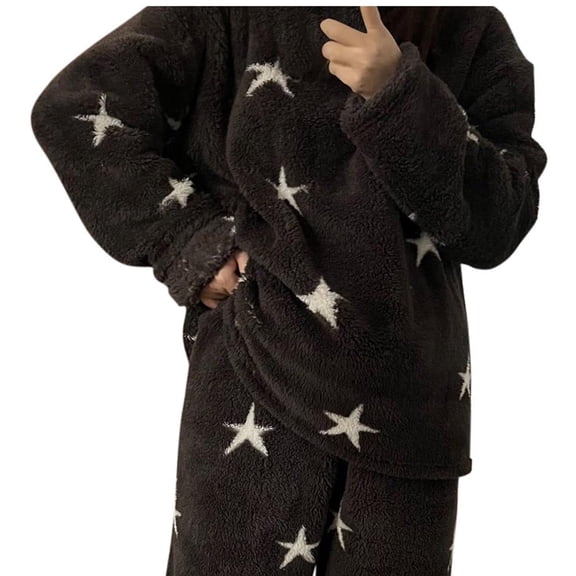 Lopecy-Sta Womens Sleepwear Top Fuzzy Loungewear Star Daily Comfortable Wool Winter Warm Home Clothes Pajamas Long Sleeve Top