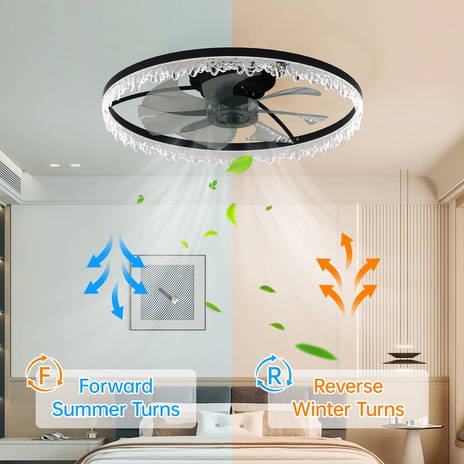 Miniyam Modern Ceiling Fan with Crystal Ring Design – Stylish Lighting Fixture with Energy Efficient Air Circulation, 6 Speeds