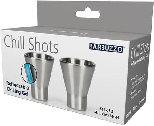 New Barbuzzo Chill Shots Shot Glass 2 Refreezable Chilling Gel Stainless Steel 