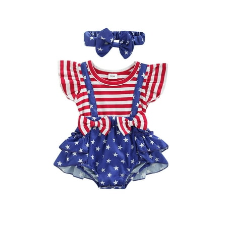 

Newborn Baby Girls Outfits Set Fly Sleeve Stripe Star Romper Headband 4th of July Clothes
