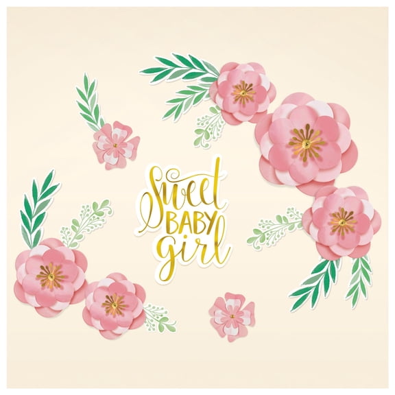 Amscan Floral Baby "Sweet Baby Girl" Table & Wall Cutout Decorations, Pink/Gold, 13-in, 8-pk