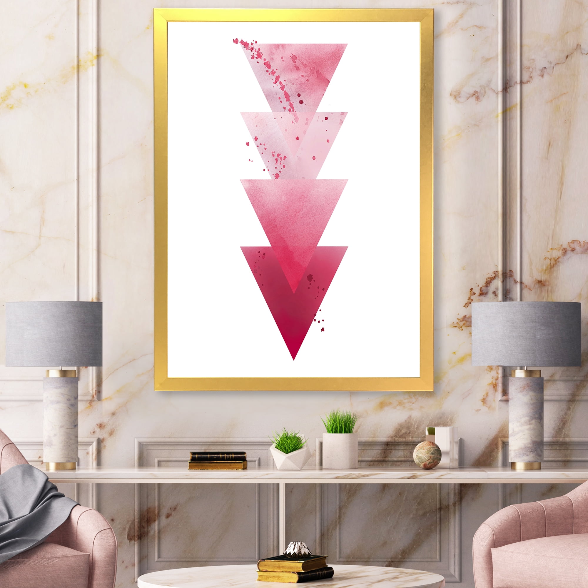 Designart 'Abstract Geometric Art Red Triangles Composition' Modern Framed Art Print
