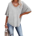 thumbnail image 3 of Frontwalk Women Tops V Neck Blouse Half Sleeve Shirts Ladies Casual T Shirt Batwing Summer Light Grey L, 3 of 4