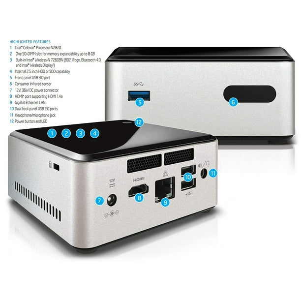 Refurbished Intel NUC DN2820FYKH Mini PC, Intel Celeron N2820 Upto