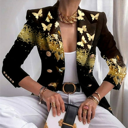 

Njoeus Winter Coat for Women Plus Size Womens Fall Jackets Plus Size Women Buttons Long Sleeve Print Pockets Office Coat Cardigans Suit Jacket Outwea