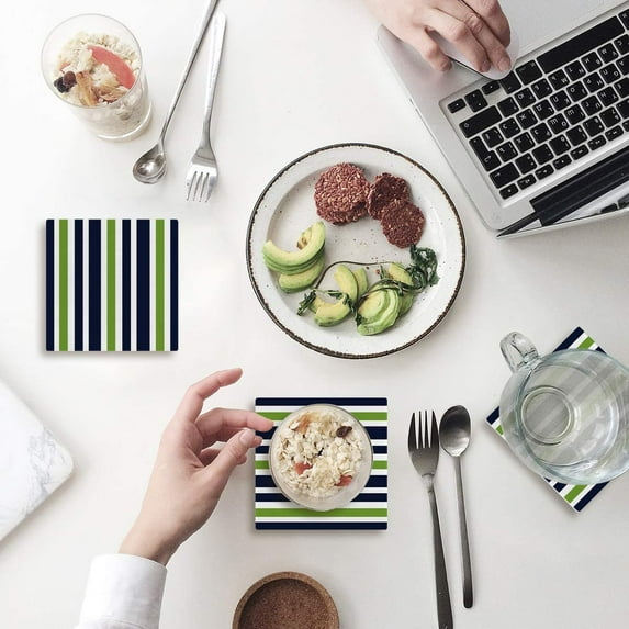 FMSHPON Blue, Lime Green and White Stripe Set of 6 Coaster for Drinks, Absorbent Ceramic Stone Coasters Cup Mat with Cork Base for Home Kitchen Room Coffee Table Bar Decor