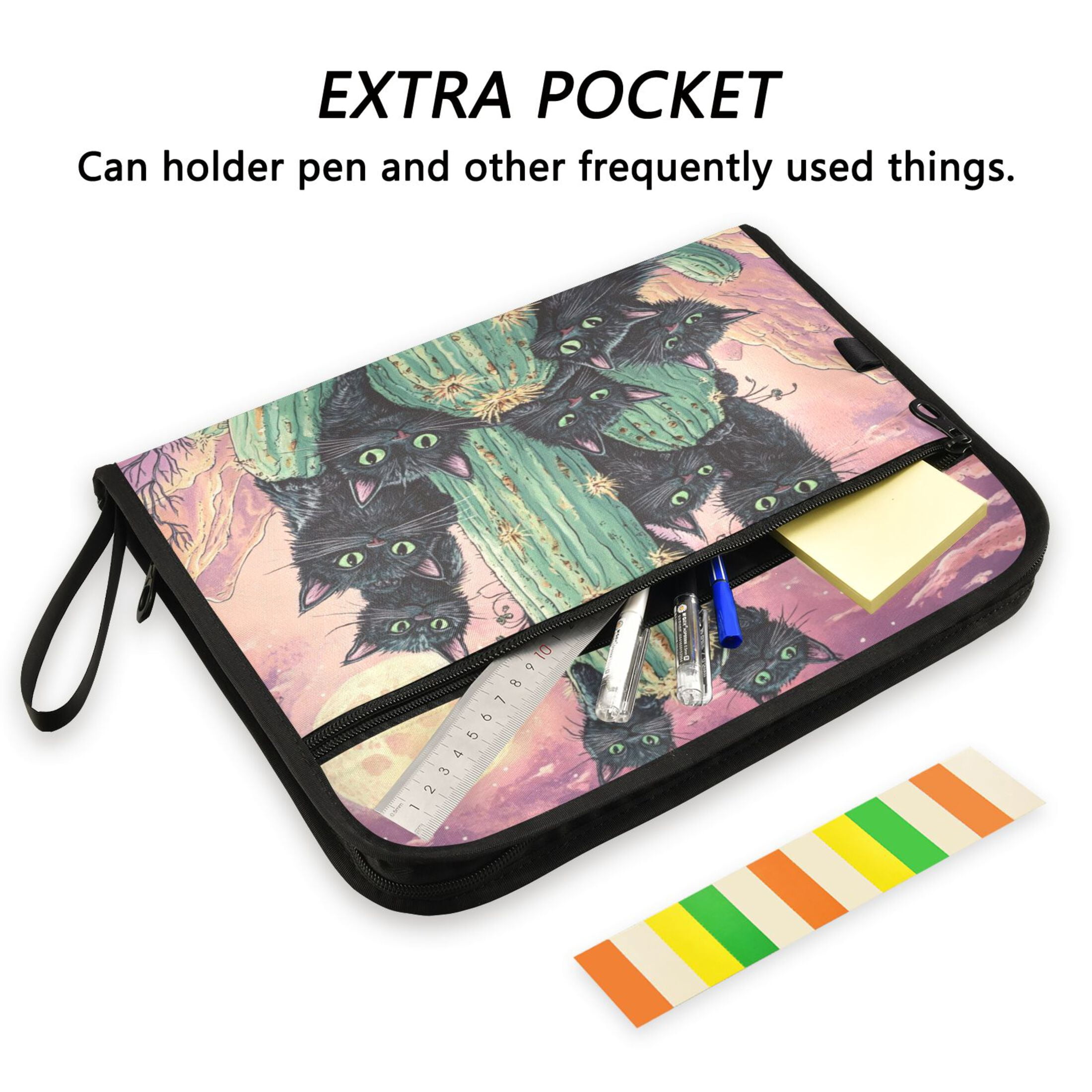 WOBOGO Black Cat with Cactus Expanding File Folder Letter Size Accordion Filing Organizer 13 Pocket Separate Organ Pocket