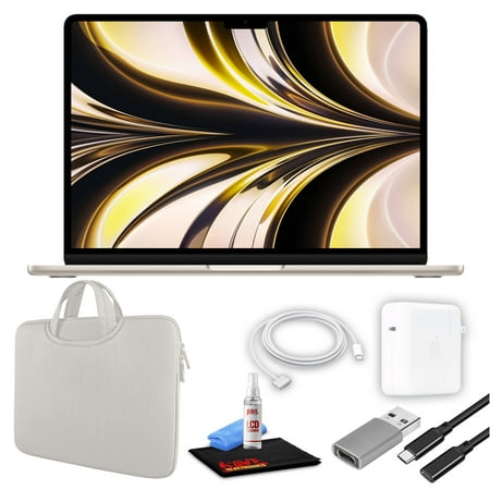 Apple MacBook Air 13" Laptop (M2 Chip, 8-Core CPU, 8GB RAM) (Mid 2022, 256GB SSD, Starlight) (MLY13LL/A) Bundle with White Zipper Sleeve, USB-C Extension Cable, and Screen Cleaning Kit