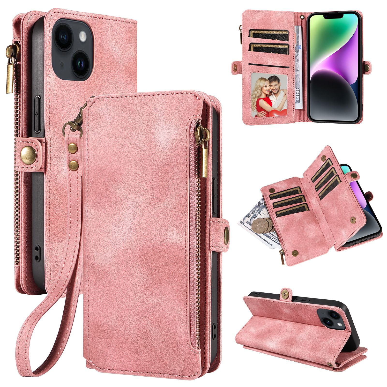 Solennerer Compatible with iPhone 14 Case Wallet with RFID Blocking Card Holder for Women and Men, Fashion PU Leather Magnetic Snap Flip Zipper Strap Wallet Phone Case Fit