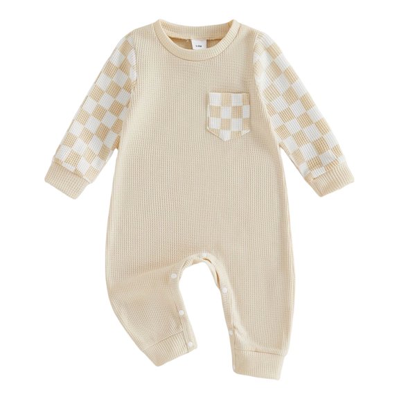 YDFCWXW Baby Boy Girl Checkerboard Jumpsuit Long Sleeve Pocket Onesie Bodysuit (Beige, 6-12 Months)