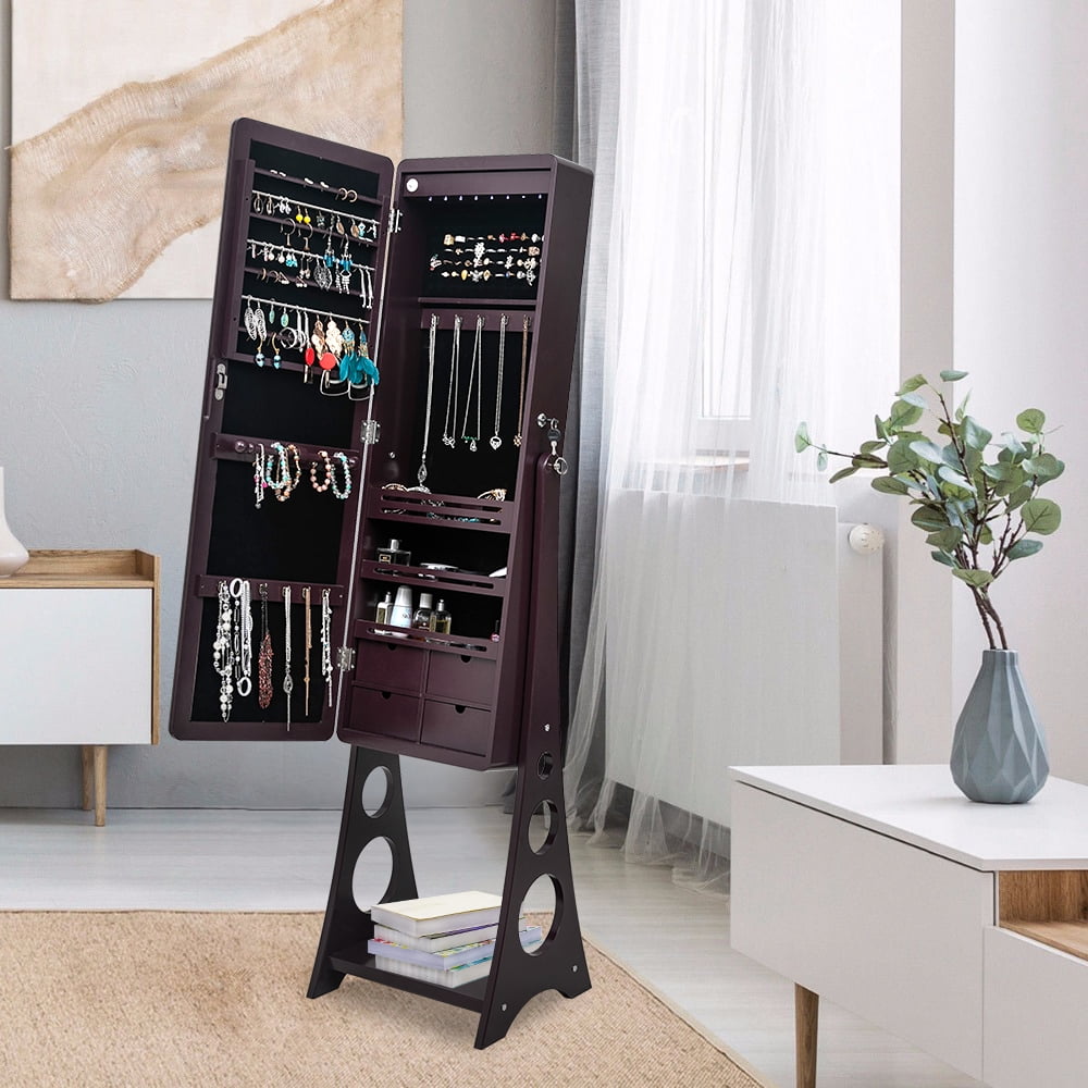 Kepooman 3-Layer Jewelry Armoire, Wooden Floor Standing Jewelry Cabinet, Jewelry Organizer with Mirror for Earrings Bracelets Rings Necklace, Dark Brown Kepooman 3-Layer Jewelry Armoire, Wooden Floor Standing Jewelry Cabinet, Jewelry Organizer with Mirror for Earrings Bracelets Rings Necklace, Dark Brown