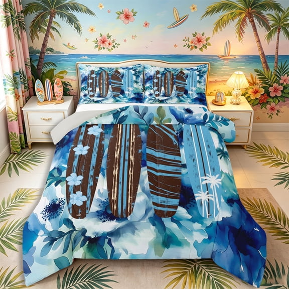 Castle Fairy Watercolor Floral Surfboard Full Size Comforter Sets 3-Piece,Rustic Striped Board Layout Bedding Comforter Set,Blue Brown,Grey Reversible,1 Comforter and 2 Pillowcases
