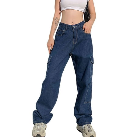 

AMILIEe Women High Waisted Baggy Jeans Vintage Wide Straight Leg Boyfriend Denim Cargo Pants with Pockets