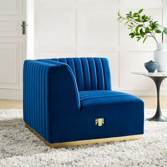 Modway Conjure Channel Tufted Performance Velvet Right Corner Chair in Gold Navy