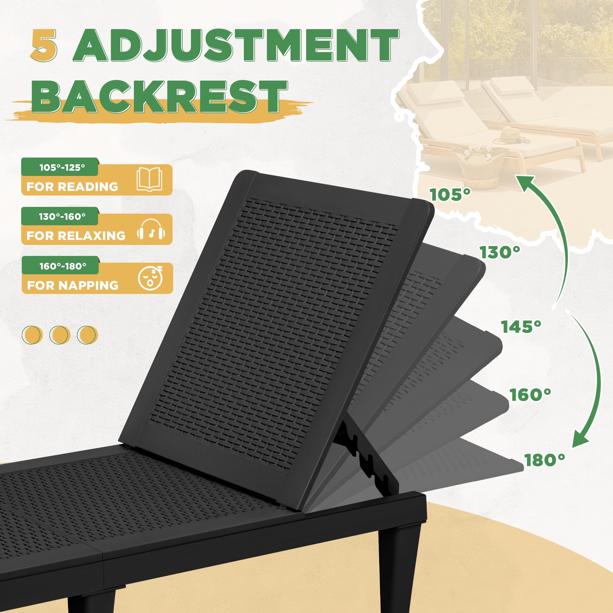 Devoko Set of 2 Outdoor Patio Chaise Lounge Chairs, Rattan Style, Multi-angle Adjustable Back, Black