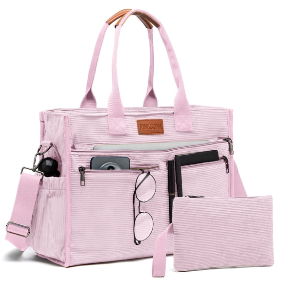 2Pcs Corduroy Tote Bag Set for Women, Lightweight Laptop Work Tote with 14 Pockets, Teacher & College Travel Crossbody Bag