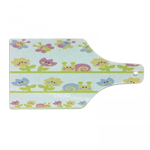 Tulip Cutting Board, Cartoon Character Bees Tulip and Daisy Flowers Snails Garden Pattern, Decorative Tempered Glass Cutting and Serving Board, Wine Bottle Shape, Pale Green Pale Blue, by Ambesonne