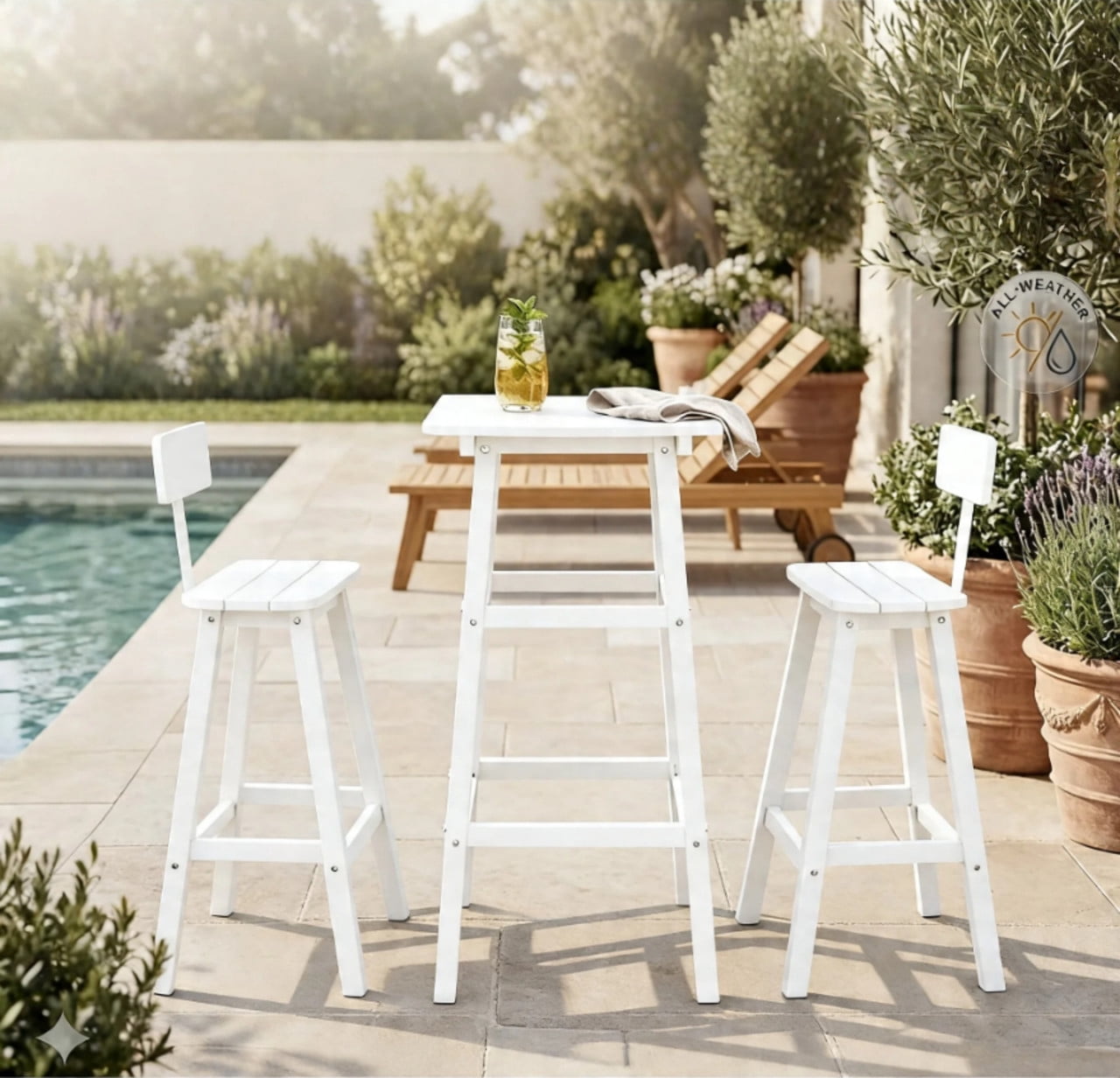 3 Piece Outdoor Bar Set Patio HDPE Dining Set with Square High-Top Table Footrest & Backrest