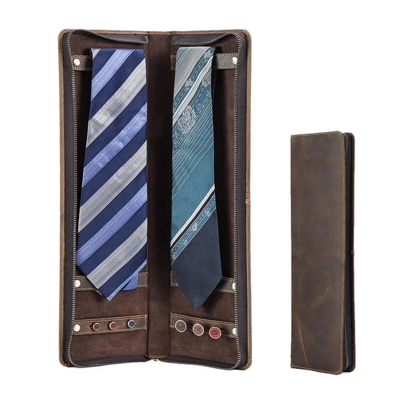 Hiram Tie Travel Case Leather Neckties Storage Box for 2 Ties with Cufflinks Holder