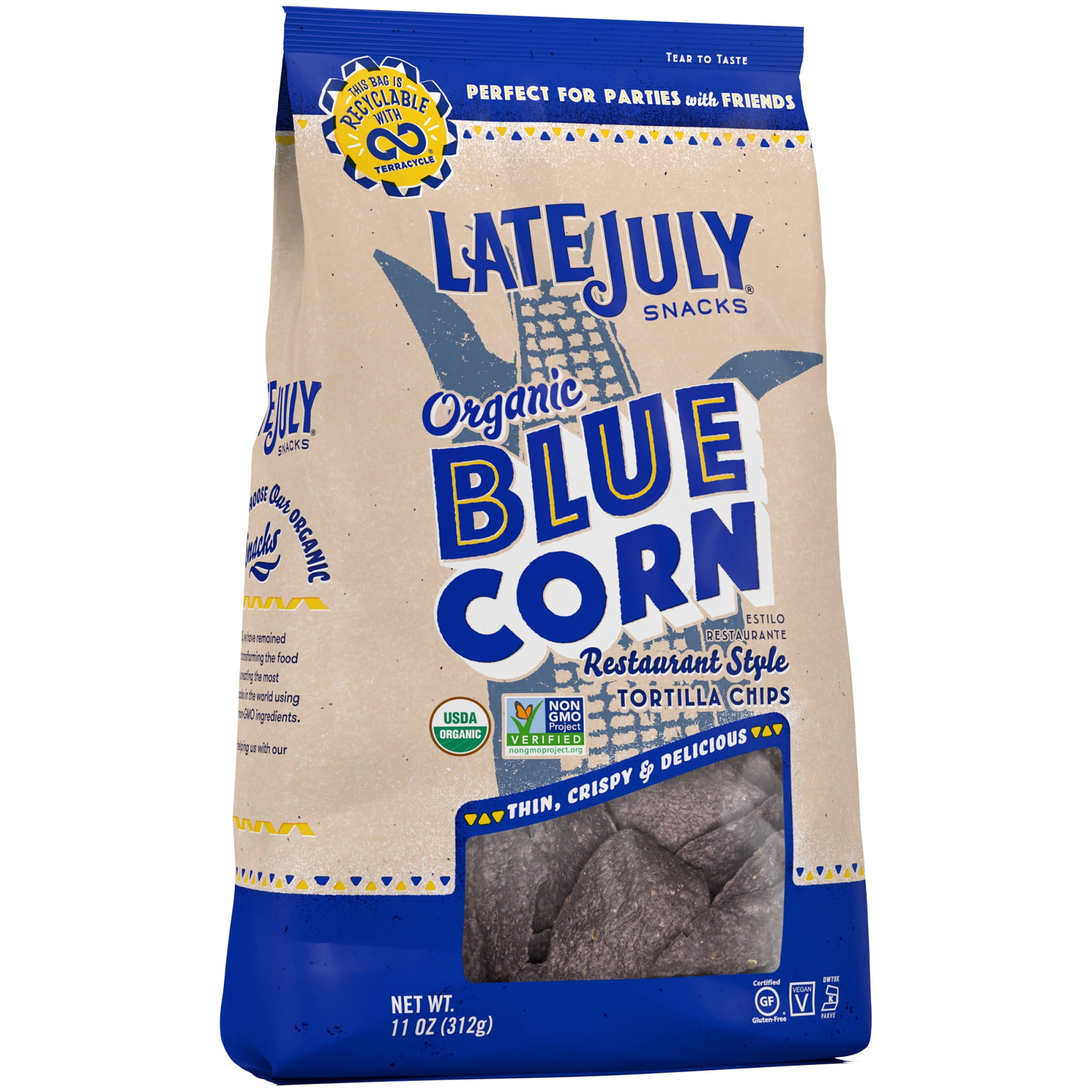 LATE JULY Snacks Restaurant Style Blue Corn Tortilla Chips, 11 oz. Bag