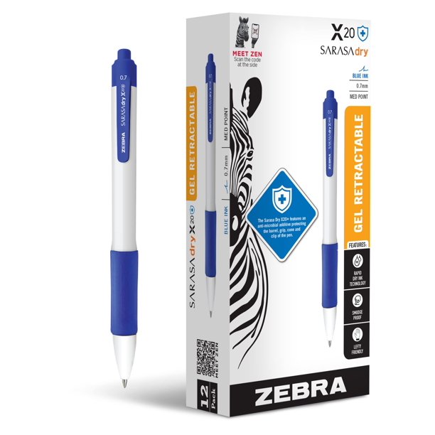 Bolígrafo de gel Zebra Sarasa Dry X20+, 0,7 mm, tinta azul, paquete de 12