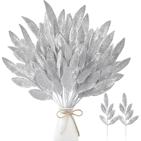 10 Pieces Artificial Silver Glitter Leaf Spray Leaf Picks 13inch for Christmas Winter Wedding Wreath Tree Swag Floral Arrangment Vase Bouquets Table Centerpieces Decoration