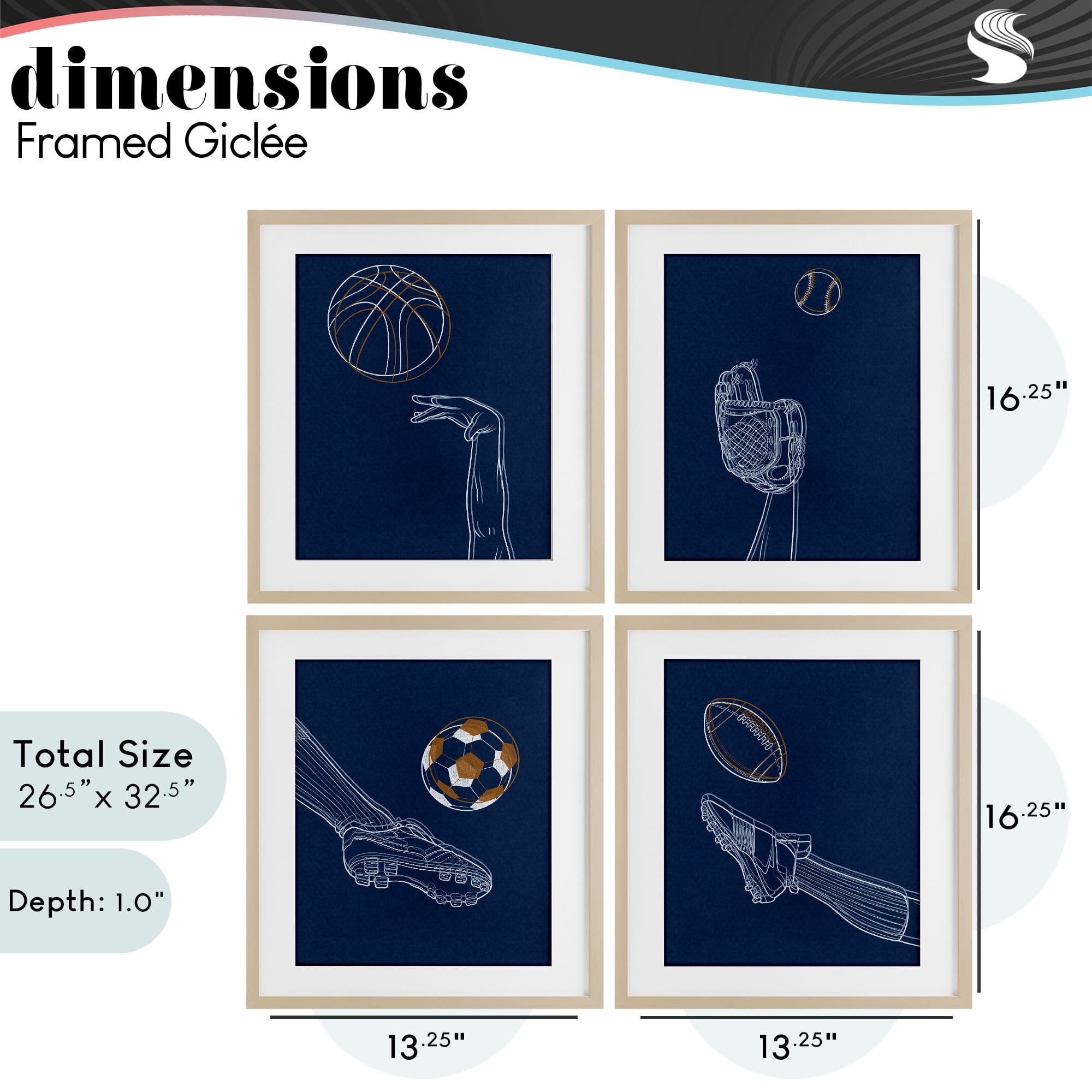 Stupell Industries Sports In Action Contour 4 Piece Birch Framed Print Under Glass Set, design by Marcus Prime