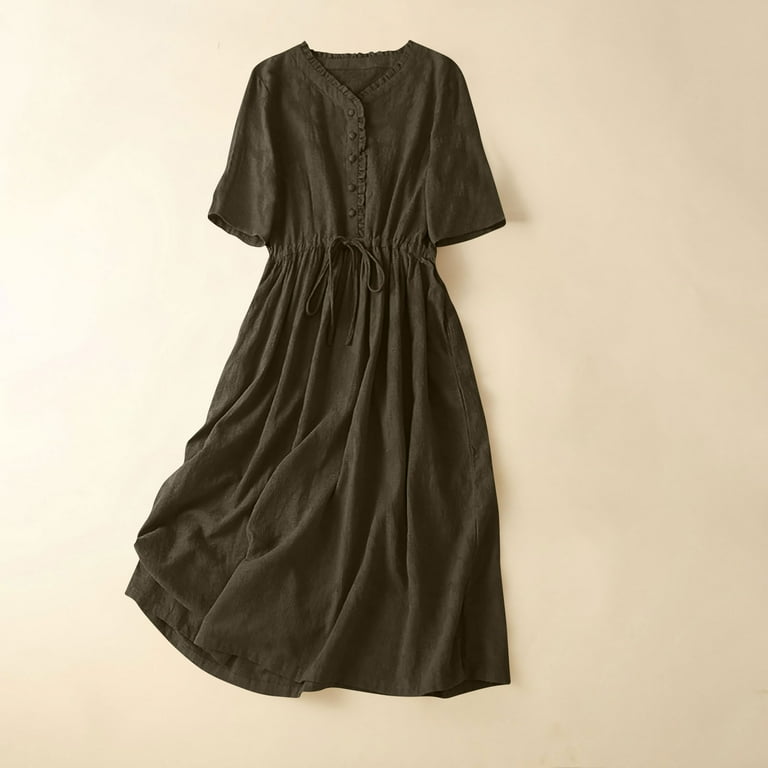 Jggspwm Women's Mid-Length Pocket V-Neck Five-Quarter Sleeve Solid Color Jacquard Drawstring Mid-Length Dresses Green M, Size: Medium