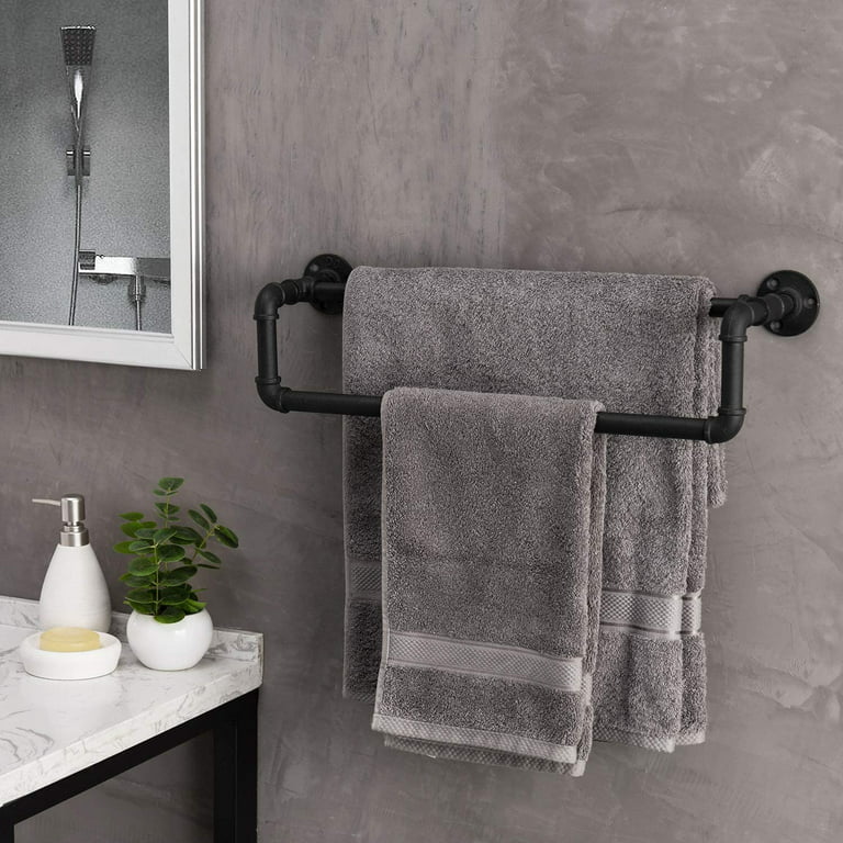 MyGift Wall Mounted Black Metal Bathroom Organizer Display Shelf with 2 Tier Hand Towel Bar Drying Rack, Sliding Hanger Hooks and Solid Burnt Wood
