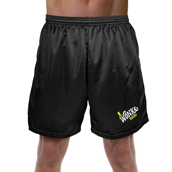 Willy Wonka and The Chocolate Factory Wonka Bar Logo Mens Lined Mesh Shorts, Black, Small