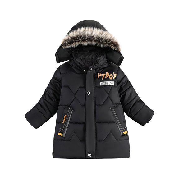 Zwiiyzr Kids Boys Faux top Collar Hooded Padded Coat Windproof Children Cute Trendy Solid Winter Hoodie Keep Warm Cotton Clothes Thick Coat Baby Winter Clothes Black