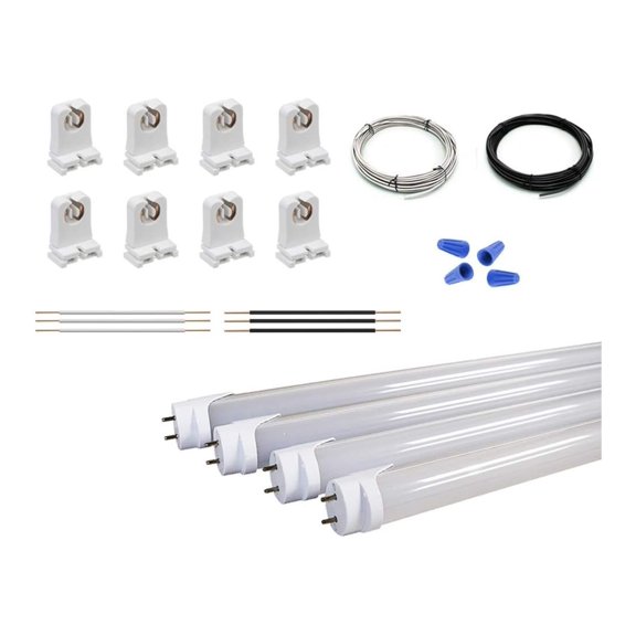 4 Light Fluorescent to LED Retrofit Conversion Upgrade Kit - (8) Non Shunted Lamp Holders, (4) 4 Ft 24W 5000K LED T8 Tubes, (2) Connectors, (4) , Solid Copper Wires