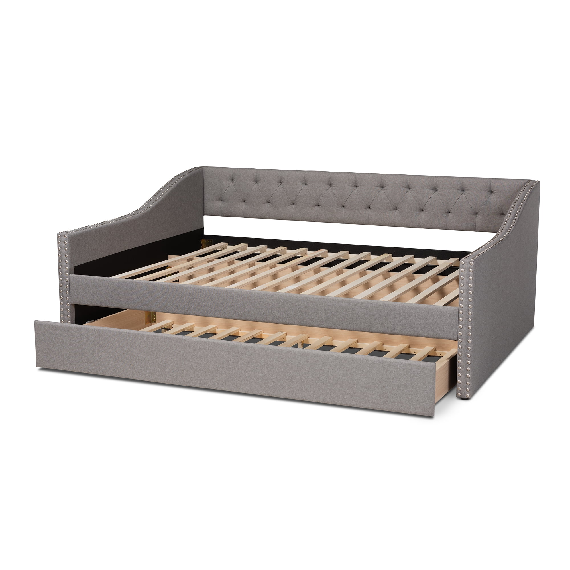 Baxton Studio Haylie Light Gray Upholstered Full Size Daybed with Roll-Out Trundle Bed