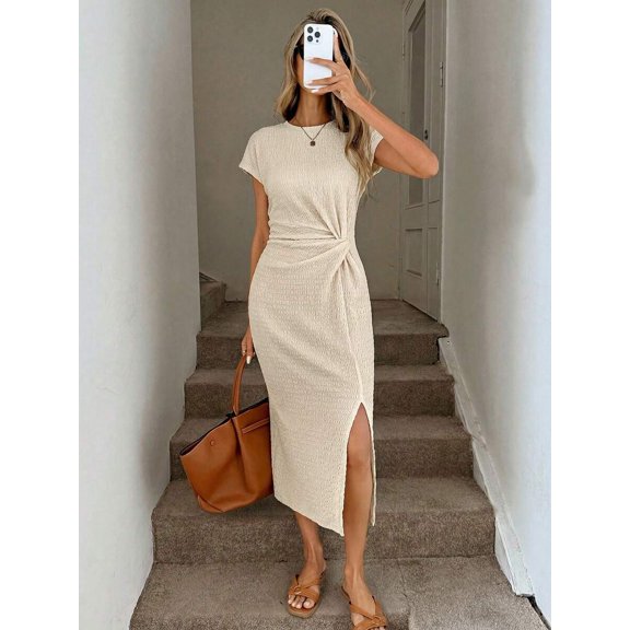 Beige Textured Waist Twist Short Sleeve Midi Dress With High Slit For Women