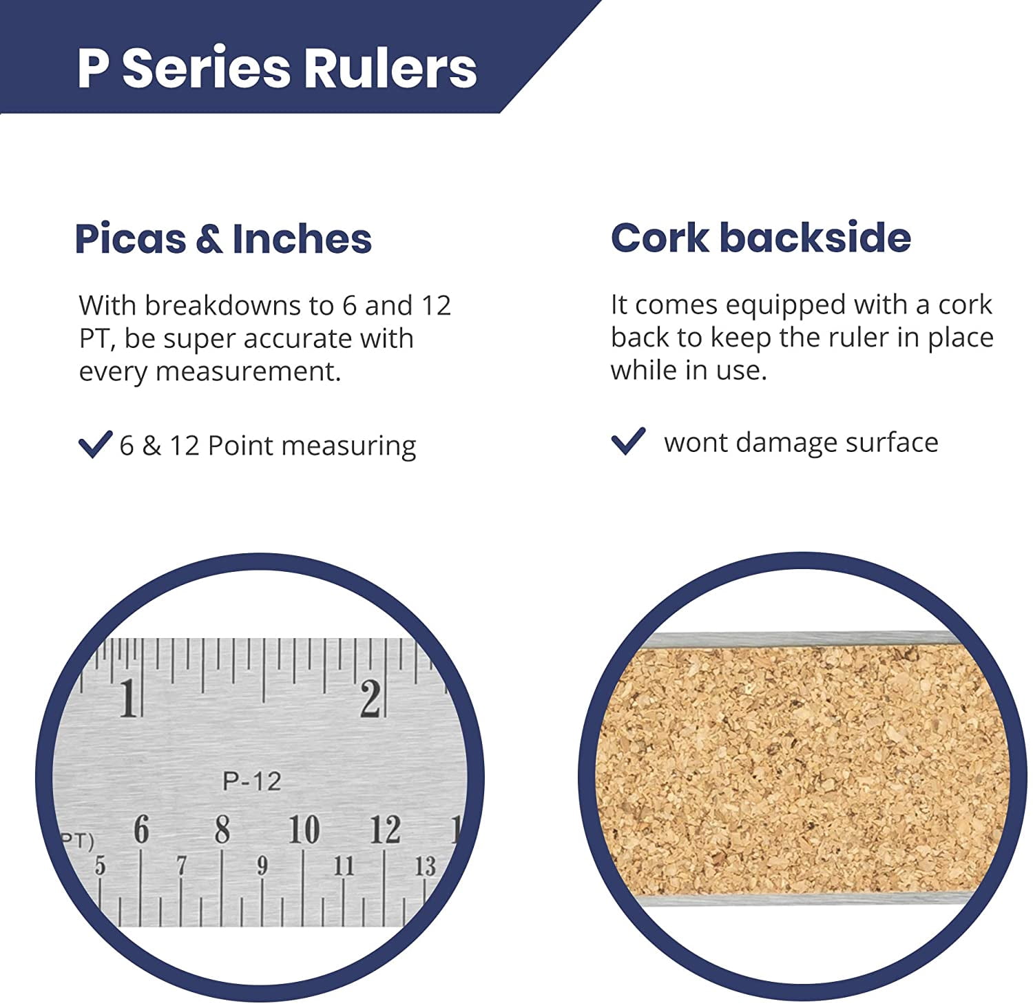Pacific Arc, Stainless Steel Ruler with Inch (32nd & 64th) and Pica, Non Skid Cork or Rubber Back