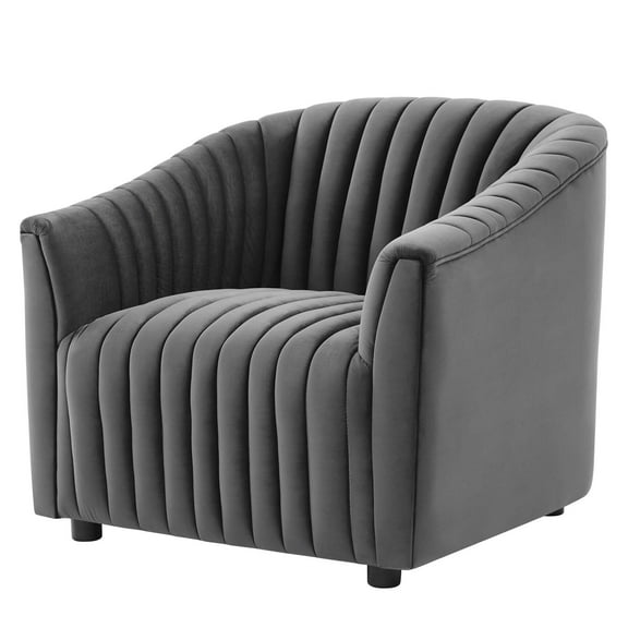 Armchair Accent Tufted Chair, Charcoal Grey Gray, Velvet, Modern Contemporary, Mid Century Living Hotel Lounge Cafe Lobby