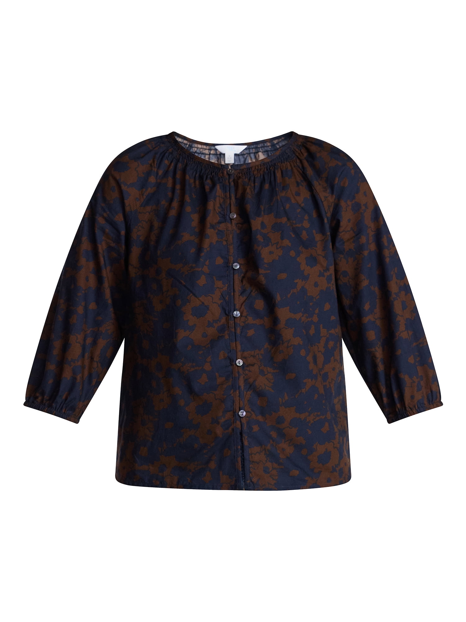 Time and Tru Women's Cotton Button Front Blouse with ¾ Length Sleeves, Sizes XS-XXXL