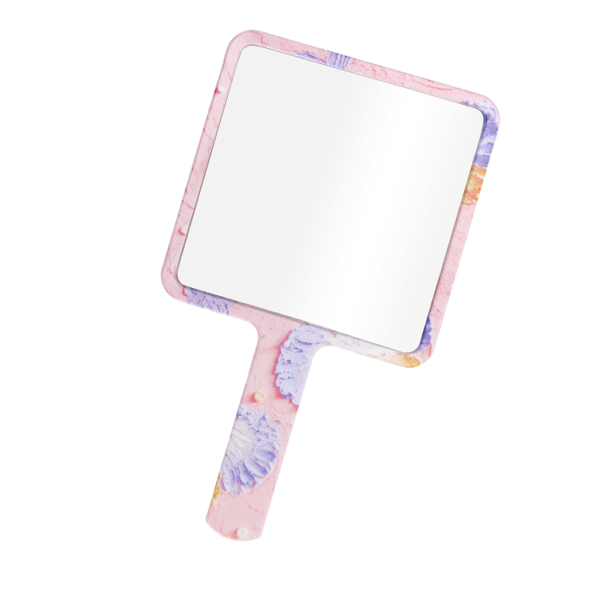 Unique Bargains 1 Pc Women Floral Square Handheld Mirror for Travel Pink Purple Yellow