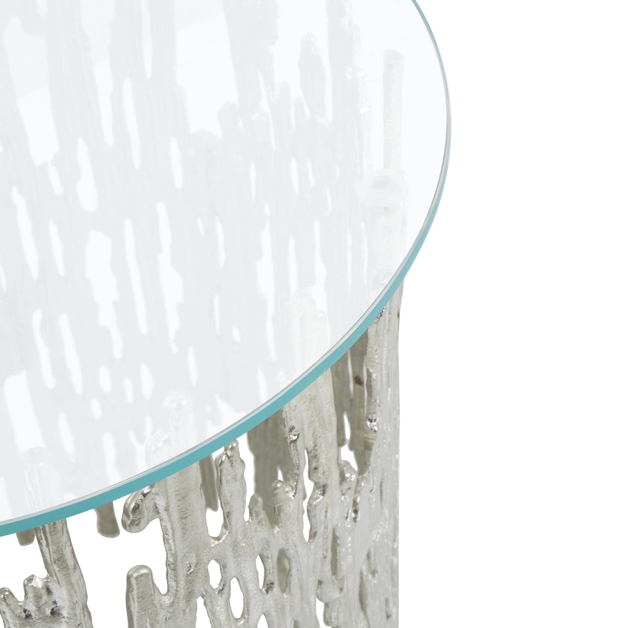 DecMode 18" x 21" Silver Aluminum Metal Metallic Cutout Abstract Accent Table with Glass Tabletop, 1-Piece