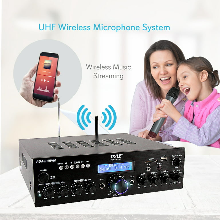 Pyle Wireless Microphone Bluetooth Amplifier - 200W Peak Power Dual Channel  Stereo Audio Receiver w/ USB, AUX in, Dual Mic Inputs w/ Echo Control, RCA