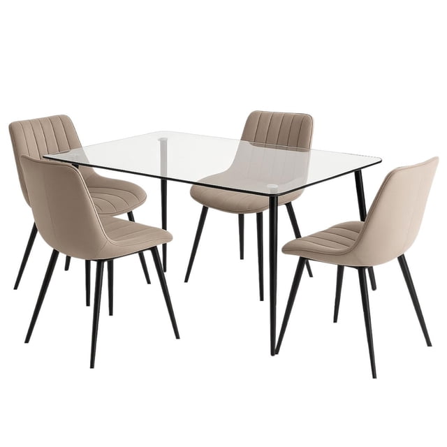 Comedor 4 Silla Velvet Mesa Cristal Minimal Estructura Acero beige