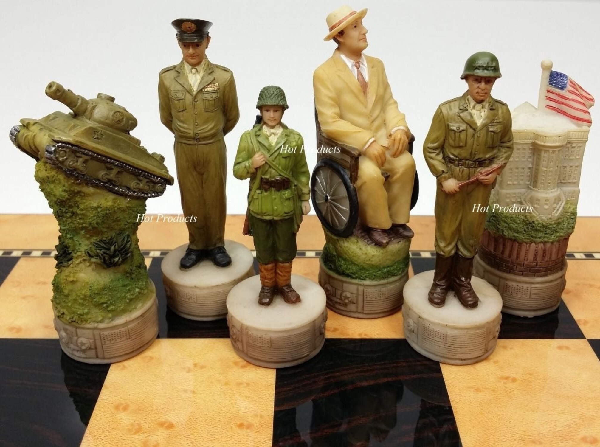 WW2 US GERMANY Chess Set W/ 15" WALNUT  BIRDSEYE MAPLE COLOR BOARD World War 2