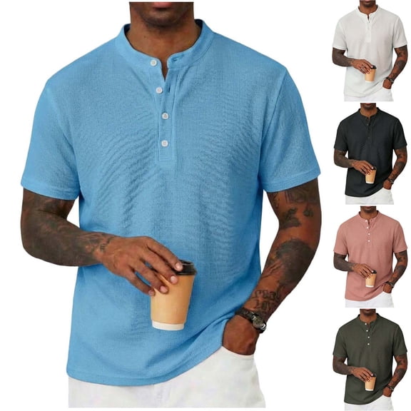 Men's Henley Shirts Short Sleeve Moisture Wicking Quick Dry Casual Waffle Golf Tops Solid Color Summer Tshirts (XL, Sky Blue)